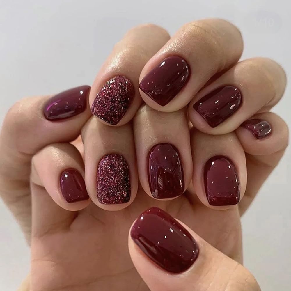 Wine Red Glitter Press-On Nails – Short Square