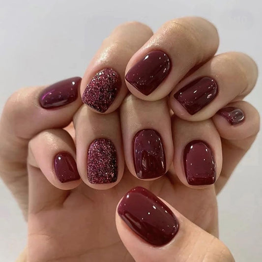 Wine Red Glitter Press-On Nails – Short Square