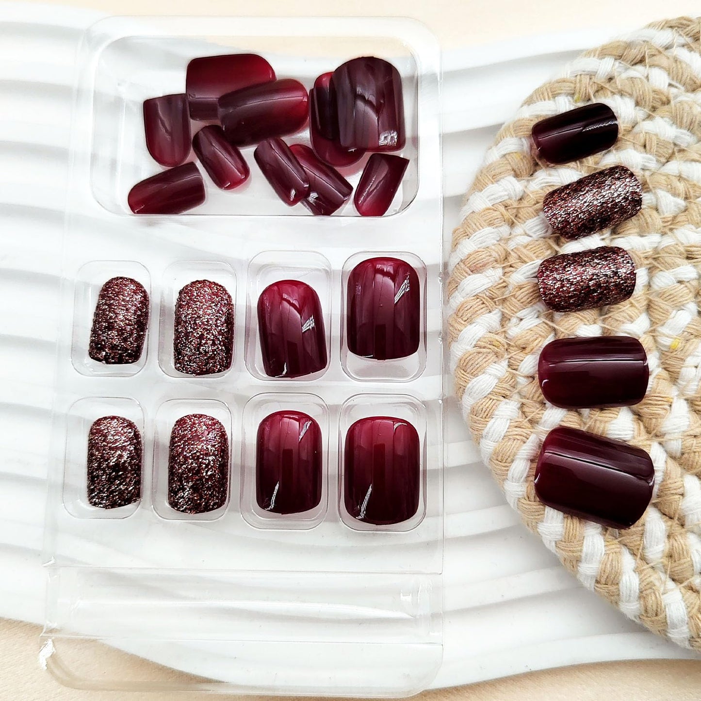 Wine Red Glitter Press-On Nails – Short Square