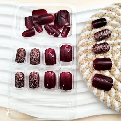 Wine Red Glitter Press-On Nails – Short Square