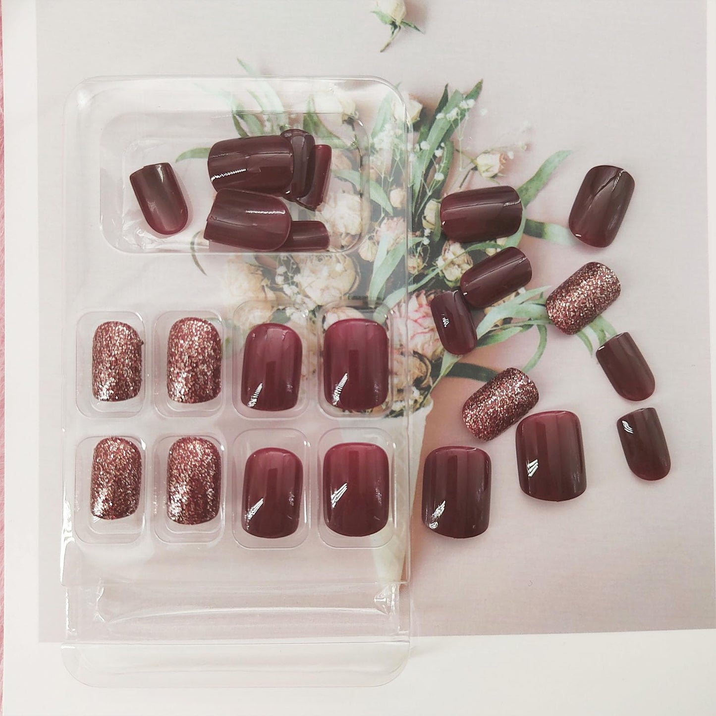 Wine Red Glitter Press-On Nails – Short Square