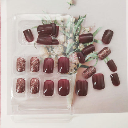 Wine Red Glitter Press-On Nails – Short Square