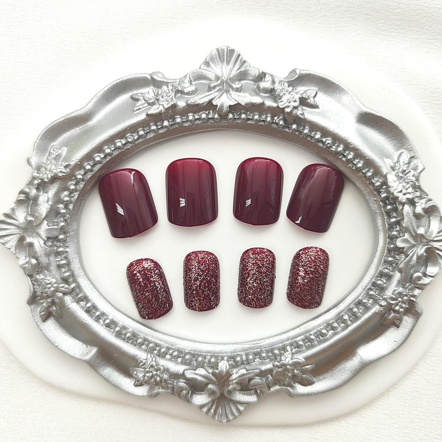 Wine Red Glitter Press-On Nails – Short Square