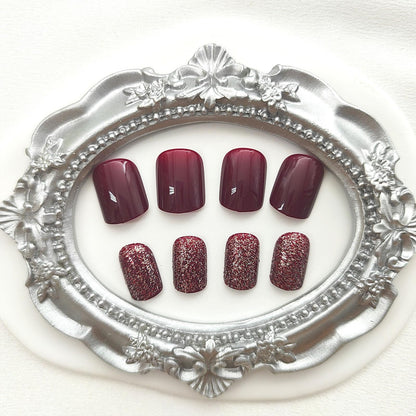 Wine Red Glitter Press-On Nails – Short Square