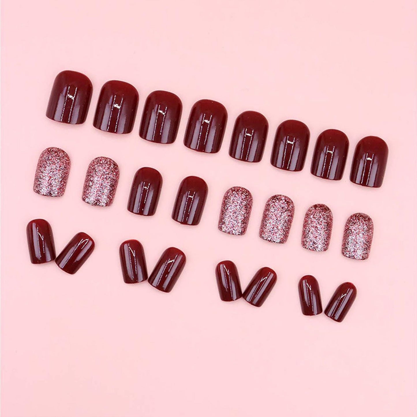 Wine Red Glitter Press-On Nails – Short Square